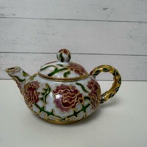 Vintage Miniature Enamel Cloisonné Teapot Flowers Roses. Gold Pink Green